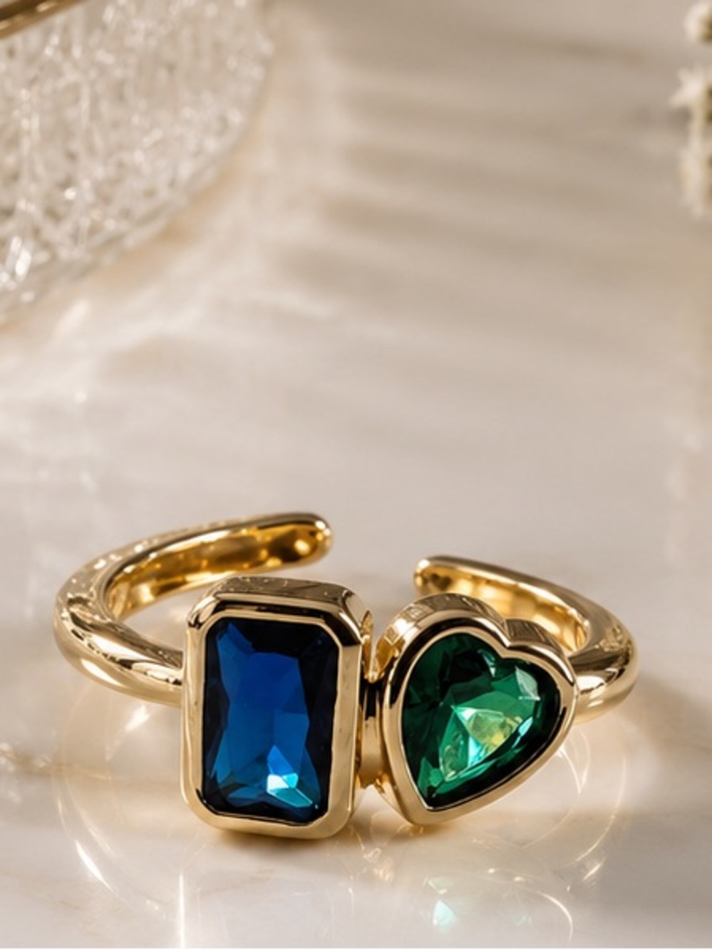 Gold adjustable  Ring with Blue Rectangle and Green Heart Stones